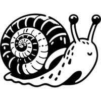 Funny slug insect in a spiral shell in monochrome. small garden snail. Simple minimalistic in black ink drawing on white background vector