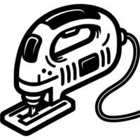 Electric jigsaw for cutting plywood in monochrome. Modern carpentry tool. Simple minimalistic in black ink drawing on white background vector