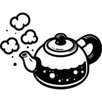 Glass teapot with boiling water for tea drinking in monochrome. Steam from hot water kettle. Simple minimalistic in black ink drawing on white background vector