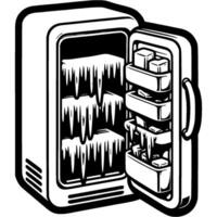Refrigerator with open door with frozen icicles and ice on shelves in monochrome. Defrosting of home refrigerator. Simple minimalistic in black ink drawing on white background vector