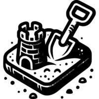 Sand tower built by child using toy shovel in monochrome. Beach toys. Simple minimalistic in black ink drawing on white background vector