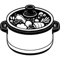 Saucepan covered with glass lid filled with vegetables for preparing vegetarian dish in monochrome. Modern kitchenware. Simple minimalistic in black ink drawing on white background vector