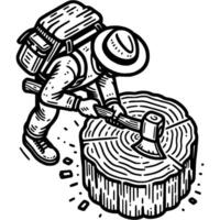 Woodcutter with backpack over his shoulders chops large tree with ax in monochrome. Preparing firewood for campfires. Simple minimalistic in black ink drawing on white background vector