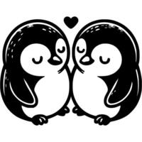 Penguins are hugging each other with heart in middle in monochrome. Strong family. Simple minimalistic in black ink drawing on white background vector