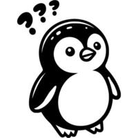 Little pensive chick penguin in monochrome. Question marks above little penguin head. Simple minimalistic in black ink drawing on white background vector