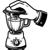Chef hand holds blender lid while preparing fruit smoothie in monochrome. Simple minimalistic in black ink drawing on white background vector