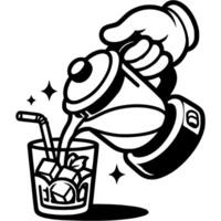 Waiter hand pouring cocktail from blender into glass with ice cubes in monochrome. Simple minimalistic in black ink drawing on white background vector