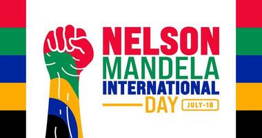 18 July is Nelson Mandela International Day strong hand rising background template. Use to banner, placard, card, and poster design template with text inscription and standard color vector