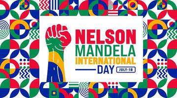 18 July is Nelson Mandela International Day geometric shape pattern and strong hand rising background template. Use to banner, placard, card, and poster design template. vector
