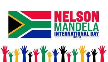 18 July is Nelson Mandela International Day strong hand rising background template. Use to banner, placard, card, and poster design template with text inscription and standard color vector