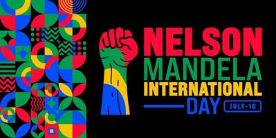 18 July is Nelson Mandela International Day geometric shape pattern and strong hand rising background template. Use to banner, placard, card, and poster design template. vector