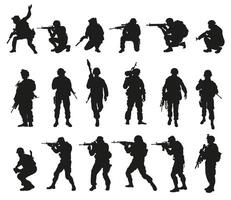 Soldiers in uniform with pistols and machine guns on a white background. Soldiers standing and crouching as well as going on the attack. vector