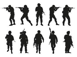 Editable foreground silhouettes of standing soldiers on patrol, with shapes as small elements. vector