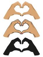 illustration of hands making a heart symbol. Hands show a heart sign. Different styles. vector