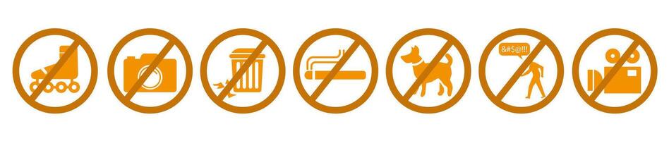 Set of several prohibition signs. Consisting of a ban on throwing garbage, using videos and photos, as well as throwing garbage and swearing. Flat . vector