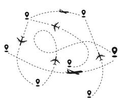 The route of the aircraft is dotted. Flights with a dotted line from the starting point and along the trajectory to the end. vector
