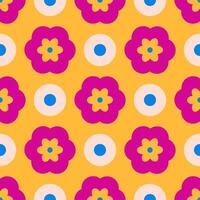 A pattern of flowers and circles in a bright yellow and pink color scheme vector