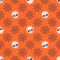 A Halloween themed pattern of skulls and spider webs vector