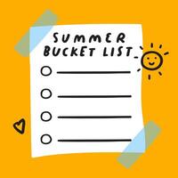 Summer bucket list on orange background. Cute hand drawn design. illustration. Handwriting font. vector