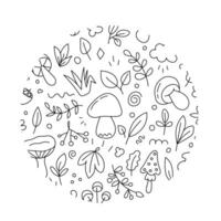 Doodle set of mushrooms and leaves. vector