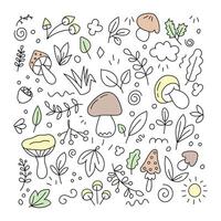 Doodle set of mushrooms and leaves. vector