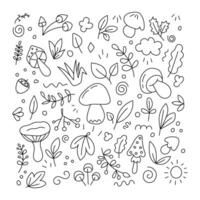 Doodle set of mushrooms and leaves. vector