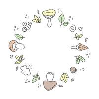 Frame of mushrooms and leaves doodle. vector