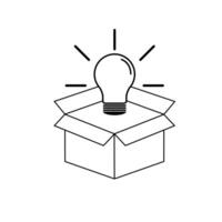 Open box with a light bulb line icon, representing an idea and creative solution vector