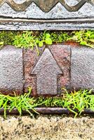 Metal Arrow Up Surrounded by Green Grass, Symbol of Harmonious Fusion of Modern Technology and Nature, Concept of Direction and Movement, and Path to Development and Progress, Vertical Frame. photo