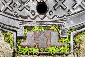 Symbol of Harmonious Fusion of Modern Technology and Nature, Metal Arrow Up Surrounded by Green Grass, Concept of Direction and Movement, and Path to Development and Progress photo