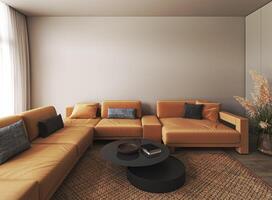 Modern light pastel house interior with bright large orange sofa and scandinavian carpet. Mock up frame beige empty wall. 3d rendering. High quality 3d illustration photo