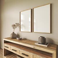 Commode with decor in farmhouse living room interior. Light beige wall mock up background. Empty picture frame. 3d render. High quality 3d illustration photo