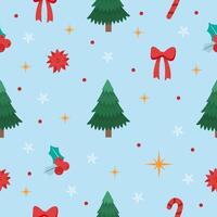 Christmas seamless pattern of Christmas tree, stars, snowflakes, Christmas flowers. graphics in cartoon flat style vector