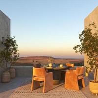 Outdoor scandinavian balcony with modern dining table and chairs. Beautiful nature sunset mountains view and blue sky on background. 3d render. High quality 3d illustration photo