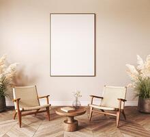 Boho interior design living room. Frame mock up in minimal design room with scandinavian chair. Wooden table and decor. 3d rendering. High quality 3d illustration photo