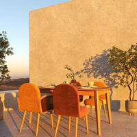 Outdoor scandinavian balcony with modern dining table and chairs. Beautiful nature sunset mountains view and blue sky on background. 3d render. High quality 3d illustration photo