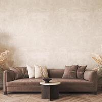 Modern scandinavian style conceptual design interior room. Mock up frame beige plaster wall. Minimal sofa with wooden table and decor. 3d rendering. High quality 3d illustration photo