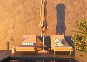 Modern luxurious pool with beach chairs, table and umbrella. Summer concept creative design scene. Pink color memphis style. 3d rendering. High quality 3d illustration photo
