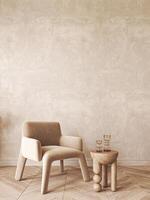 Modern scandinavian style conceptual design interior room. Mock up frame beige plaster wall. Minimal sofa with wooden table and decor. 3d rendering. High quality 3d illustration photo
