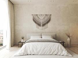 Bedroom interior mockup in boho style with fringed blanket, pillows, white bedding, dried pampas grass, basket lamp and curtain. 3d rendering. High quality 3d illustration photo