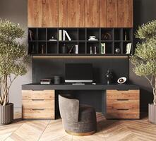 Home interior office with wooden table, chair and decor in boho scandi living room. Large green trees. Computer screen mock up. 3d render. High quality 3d illustration photo
