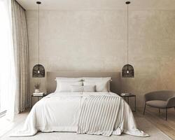 Bedroom interior mockup in boho style with fringed blanket, pillows, white bedding, dried pampas grass, basket lamp and curtain. 3d rendering. High quality 3d illustration photo