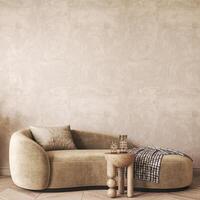 Modern scandinavian style conceptual design interior room. Mock up frame beige plaster wall. Minimal sofa with wooden table and decor. 3d rendering. High quality 3d illustration photo