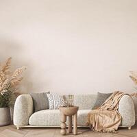 Modern scandinavian style conceptual design interior room. Mock up frame beige plaster wall. Minimal sofa with wooden table and decor. 3d rendering. High quality 3d illustration photo