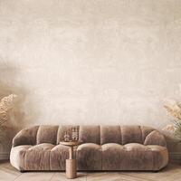 Modern scandinavian style conceptual design interior room. Mock up frame beige plaster wall. Minimal sofa with wooden table and decor. 3d rendering. High quality 3d illustration photo