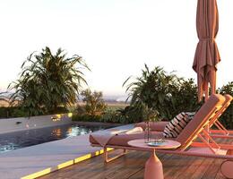 Modern luxurious pool with beach chairs, table and umbrella. Summer concept creative design scene. Pink color memphis style. 3d rendering. High quality 3d illustration photo