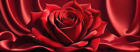 Valentines day background. A rose in the shape of a heart, red velvet satin background. photo