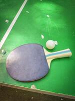 Table tennis or ping pong racket and white ball on a green aged table with petals of apple trees in spring photo