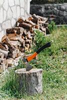 Axe for the crib logs sticks stuck in a tree photo