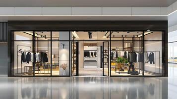 Front view of apparel store mockup. Facade of clothing store with wide glass window in a mall. photo